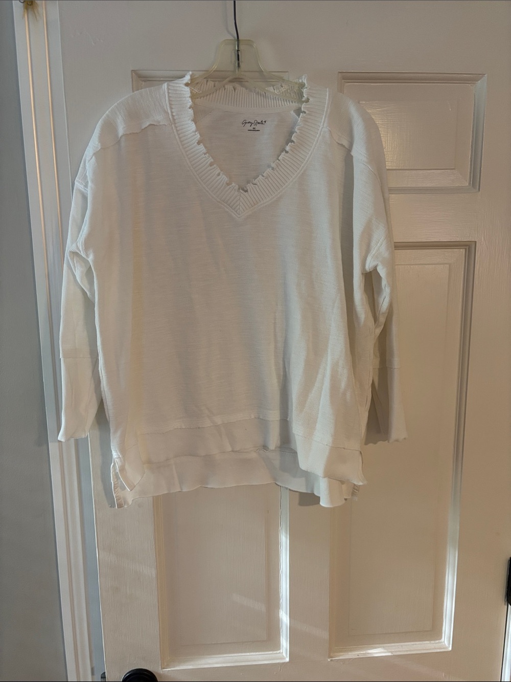 Grey State White V-Neck Frayed Trim Sweatshirt. 3/4 sleeves. All cotton. Medium